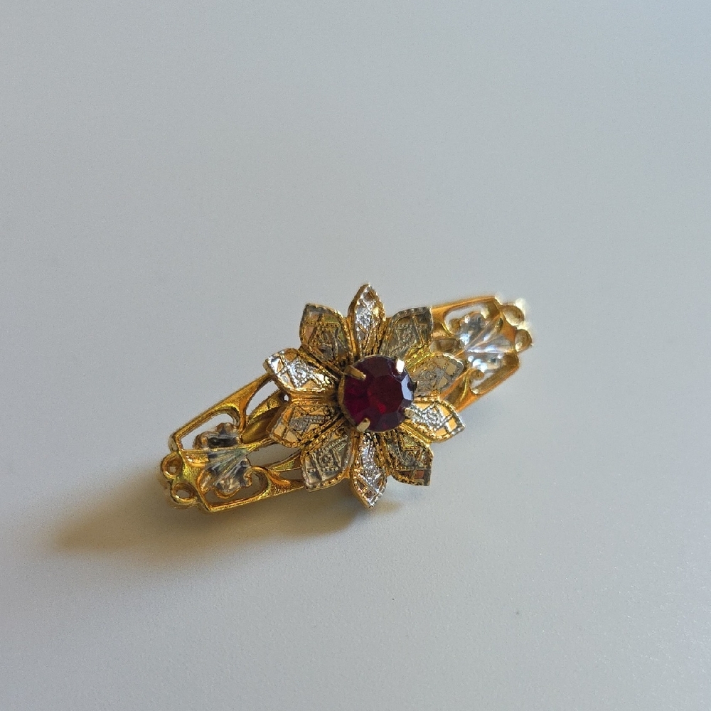 Elegant Gold Tone and Red Floral Brooch